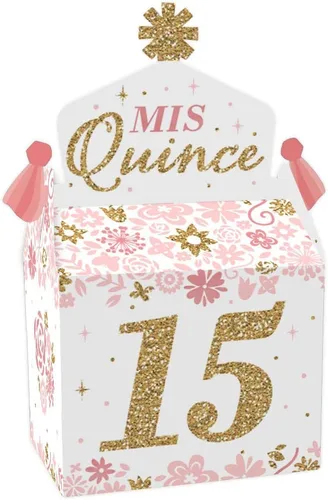 Big Dot of Happiness Mis Quince Anos - Caja de golosinas para fiestas - Quinceañera Sweet 15 Birthday Party Goodie Gable Boxes - Juego de 12