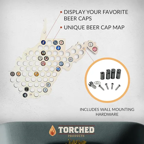 Miniatura 2 de Torched Mapa de tapa de cerveza de Virginia Occidental, soporte de tapa de cerveza de los Estados Unidos, decoración de pared, regalo para amantes