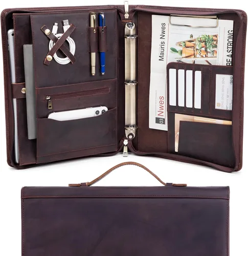 Miniatura 11 de Carpeta de 3 anillos de cuero genuino con portapapeles, mango oculto, portafolio con cremallera de 8.5 x 11 pulgadas, organizador de negocios, folio
