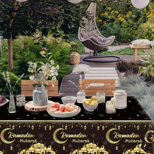 Miniatura 7 de 1 Manteles Ramadán Mubarak Eid Mubarak Decoraciones de Mesa Ramadán Kareem Suministros de Fiesta Negro y Dorado Cubierta de Mesa Rectangular