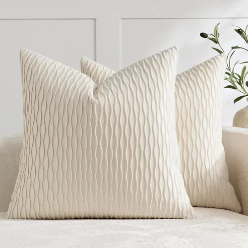 DEZENE Fundas de almohada para sofá color marfil blanco: pack de 2 fundas de almohada cuadradas de terciopelo a rayas originales de 16x16 pulgadas
