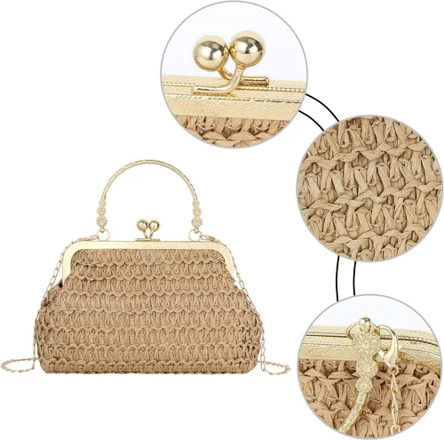 Miniatura 6 de Mini bolso de embrague tejido de paja para mujer, bolso cruzado con correa de cadena