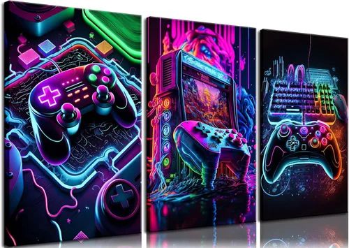 Miniatura 9 de BGFCE Arte de Lienzo de Pared para Gaming, Pinturas de Arte de Controlador de Juego con Salpicaduras de Tinta de Color, Pósteres para Estética