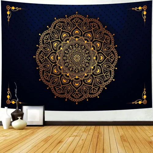 Miniatura 10 de Delur Tapiz de mandala negro y dorado, astrología, espacio, hippie bohemio, medallón floral, tapiz para colgar en la pared, estético, cabecero