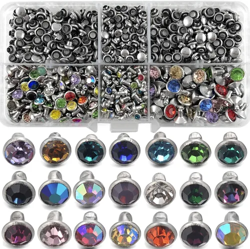 500 juegos de remaches de cristal de circonia cúbica de colores mezclados, remaches rápidos, remaches rápidos, tachuelas de color plateado para