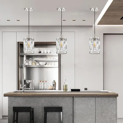 Miniatura 6 de Paquete de 2 lámparas colgantes de isla de cocina con pantalla de cristal de 5.4 pulgadas, acabado de níquel cepillado, moderno accesorio colgante