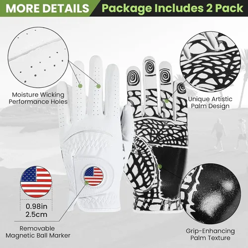 Miniatura 2 de FINGER TEN Men’s Golf Gloves Rain Grip with Silicone Palm Value 2 Pack, Glove with Ball Marker for Right/Left Handed Golfer, Anti-Slip Stylish All