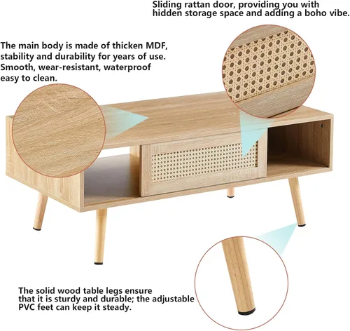 Miniatura 3 de Mesa de centro de ratán, mesa de centro moderna de mediados de siglo de 40.3 pulgadas con almacenamiento, mesa rectangular de madera para sofá