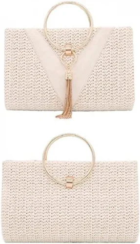 Miniatura 6 de Bolso de mano de paja para mujer, elegante bolso de mano de verano para playa, borlas con asa superior con cadena
