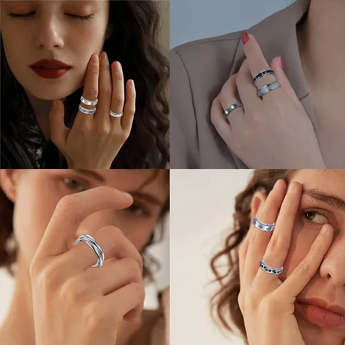 Miniatura 2 de KELAIEN 8 anillos de acero inoxidable para mujeres y hombres, anillos giratorios para ansiedad, anillos giratorios, flores, luna, estrella, sol