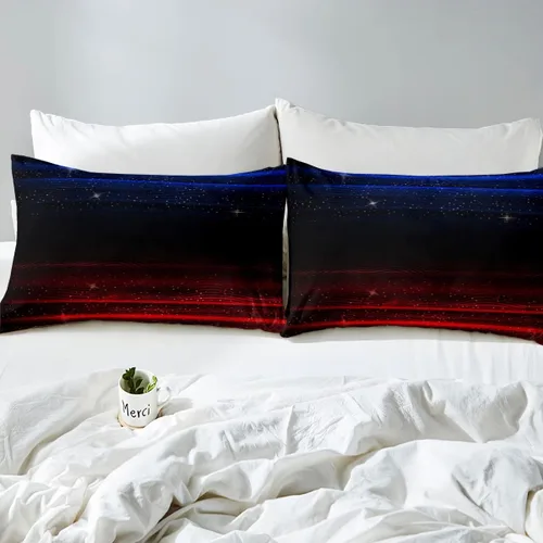 Miniatura 5 de Juego de edredón degradado, juego de ropa de cama con degradado azul, rojo y negro, tamaño King, edredón de plumón con estrellas y cielo estrellado