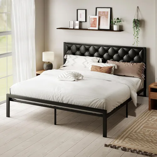 Miniatura 9 de MUTICOR Elegante marco de cama tamaño individual con cabecera tapizada de piel sintética con botones, listones de metal resistentes, almacenamiento