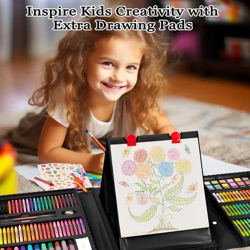 Miniatura 4 de KINSPORY Kit de arte, 290 unidades de arte para manualidades, kit de colorear, caballete triple de doble cara, pasteles al óleo, crayones y lápices
