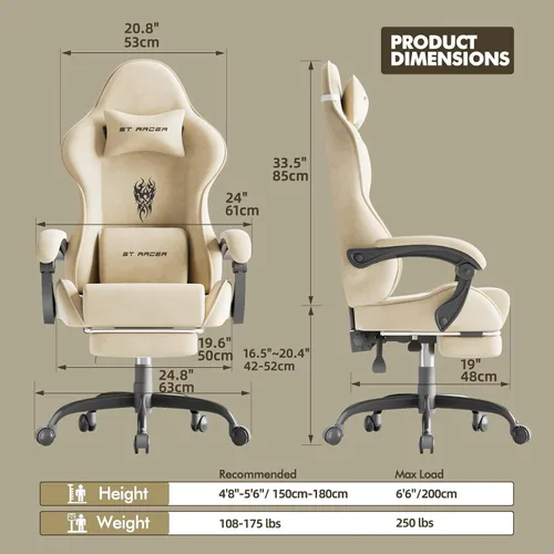 Miniatura 3 de Huracan Silla de juegos de tela de terciopelo con reposapiés para adultos, sillas ergonómicas para juegos con base de masaje, silla reclinable