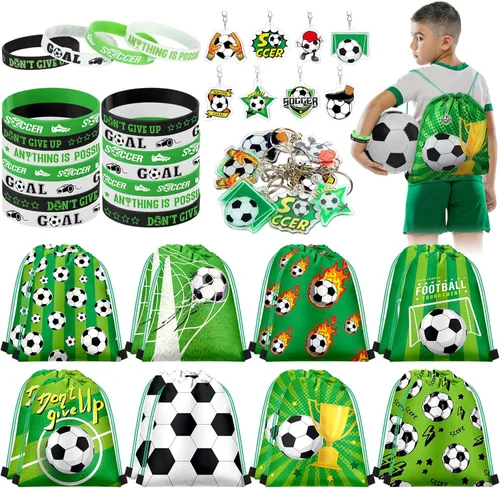 Talltalk Juego de 48 piezas de regalos de fiesta de fútbol para niños, regalo de equipo de fútbol, 16 juegos de bolsas de golosinas verdes, mochila