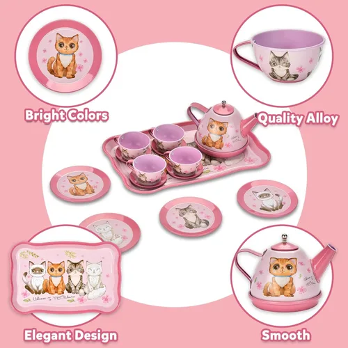 Miniatura 5 de Lajeje Juego de fiesta de té de gato para niños pequeños y niñas de 3 a 6 años, juguete de simulación y regalo de cumpleaños, incluye juego de té