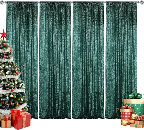 Sugargirl - Cortina de fondo de lentejuelas verde oscuro de 4 paneles de 2 x 8 pies, cortinas de fondo de purpurina verde oscuro, brillantes, para