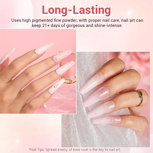 Miniatura 2 de AZUREBEAUTY Kit de iniciación de uñas en polvo de inmersión, 4 colores con purpurina rosa suave, arte de uñas francés, con capa base, capa superior