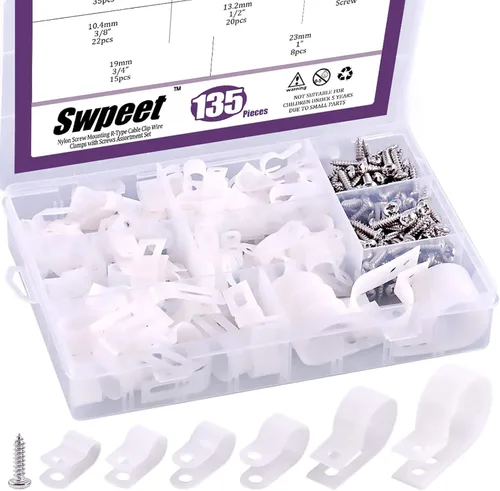 Swpeet Paquete de 135 clips de cable tipo R de nailon blanco de 6 tamaños, 1/4 pulgadas, 5/16 pulgadas, 3/8 pulgadas, 1/2 pulgadas, 3/4 pulgadas, 1