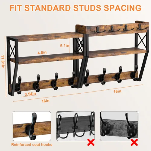 Miniatura 4 de Perchero grande mejorado de 3 niveles con estante, soporte de pared versátil 4 en 1 para colgar abrigos y llaves, estante de pared de entrada de 32