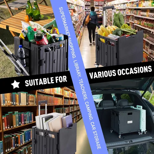 Miniatura 7 de SUBICOO Carrito utilitario plegable portátil con ruedas, carrito de compras, caja de herramientas plegable, con tapa, en 4 ruedas giratorias