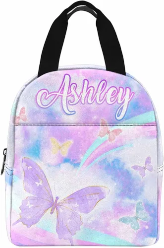 Miniatura 8 de InterestPrint Bolsa de almuerzo con nombre personalizado para hombres y mujeres, diseño de mariposa rosa y azul personalizada, caja de almuerzo