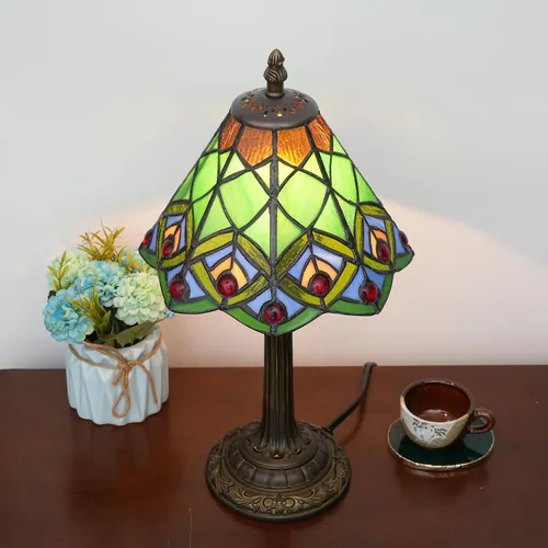 Miniatura 7 de Lámpara de mesa pequeña Tiffany verde de vidrio teñido con cola de pavo real para dormitorio, estilo retro, decoración única, linda y divertida