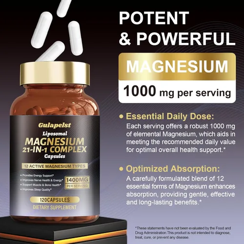 Miniatura 7 de 2 paquetes de cápsulas de complejo de magnesio liposomal de 1400 mg (citrato, glicinato, malato, etc.), 12 tipos activos de magnesio con vitamina