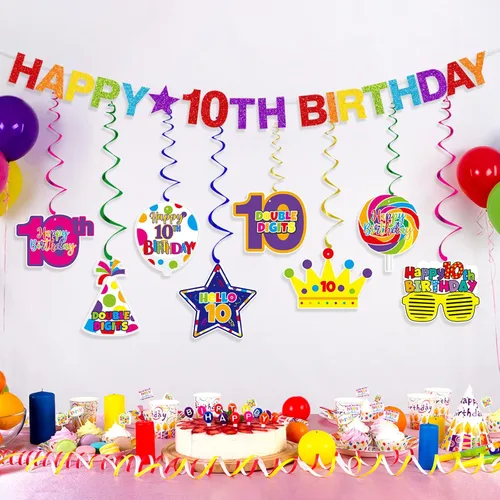 Miniatura 4 de Cartel de feliz cumpleaños número 10 pre-encordado, decoración de cumpleaños de 10 años para niños y niñas, doble dígitos para fiesta de cumpleaños