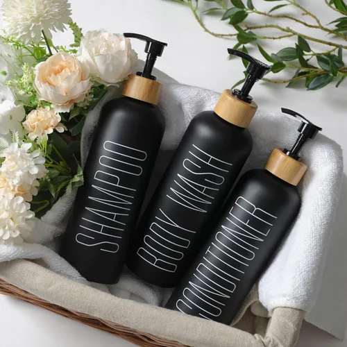Miniatura 5 de HOMCDALY Juego de 3 botellas recargables negras para ducha de baño de 16 oz - Botellas vacías con bomba para champú, acondicionador o gel corporal