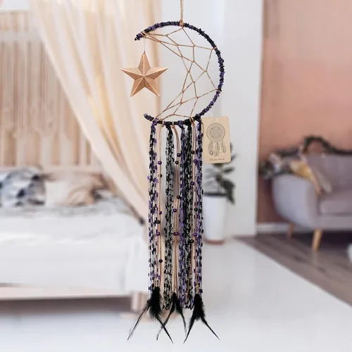Miniatura 5 de Dremisland Atrapasueños de luna hecho a mano, medio círculo, diseño de luna atrapasueños, plumas, colgando con estrella, decoración del hogar, Morado