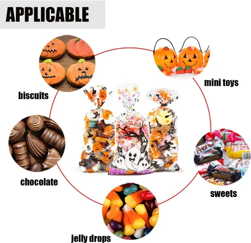 Miniatura 5 de LOMIMOS 150 bolsas de dulces de celofán de Halloween, bolsas de plástico transparente con 300 lazos giratorios para aperitivos, galletas