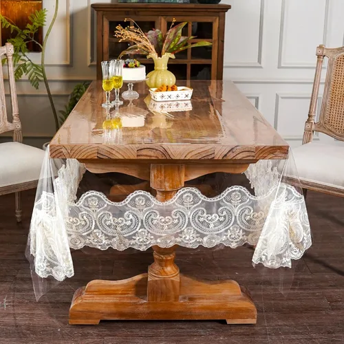 Miniatura 4 de ARTABLE Mantel rectangular de vinilo de PVC, impermeable, transparente, con borde de macramé de encaje champán, para boda, cocina, hogar