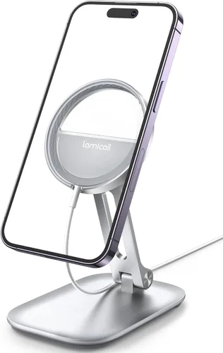 Lamicall Soporte de teléfono para cargador MagSafe de 15 W de Apple, doble bisagra, plegable, ajustable, soporte de carga para mesita de noche, apto