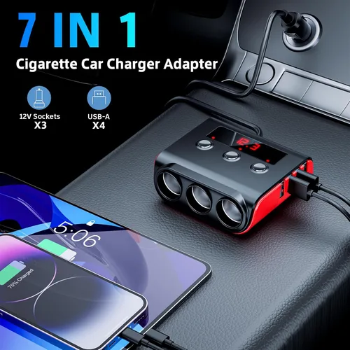 Miniatura 2 de SONRU - Divisor de encendedor de cigarrillos 7 en 1, divisor de encendedor de cigarrillos con 4 puertos USB de carga rápida, interruptores
