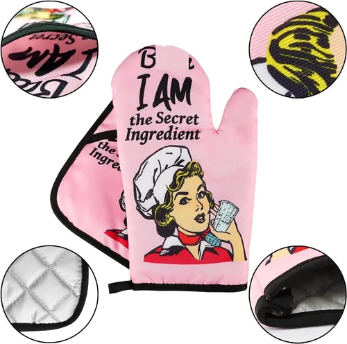 Miniatura 3 de Juegos de guantes de horno divertidos y soportes para ollas antideslizantes para cocinar, barbacoa, parrilla con acolchado, guantes resistentes al