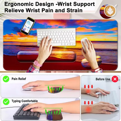 Miniatura 2 de Reposamuñecas para teclado + alfombrilla para mouse con soporte para muñeca + alfombrilla de escritorio + posavasos 4 en 1, alfombrilla de mouse XXL