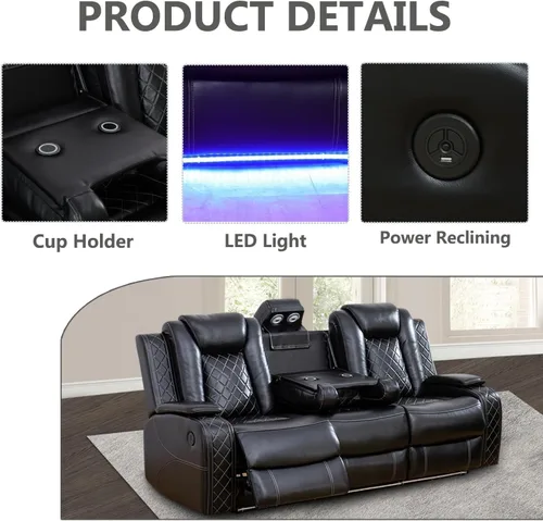 Miniatura 3 de Juego de sofá reclinable eléctrico, juego de sofá reclinable de cuero con luz LED y portavasos, juego de muebles reclinables de cuero eléctrico