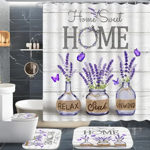 Miniatura 12 de ALEXEX Juego de 4 cortinas de ducha de hortensias azules, juego de baño Home Sweet con cortina de ducha y alfombras y accesorios, cortina de ducha