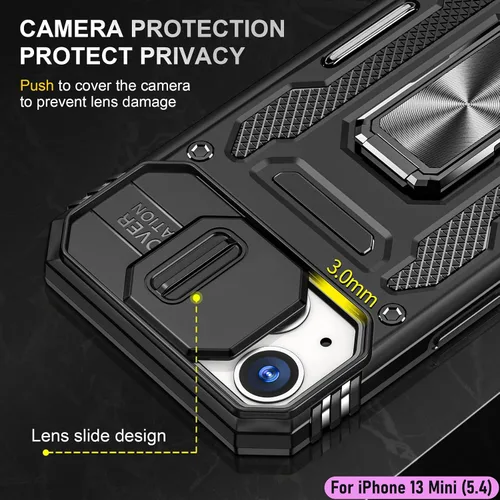 Miniatura 4 de Funda resistente para Apple iPhone 13 Mini, protección híbrida de goma de doble capa de grado militar con protector de cámara deslizante, soporte