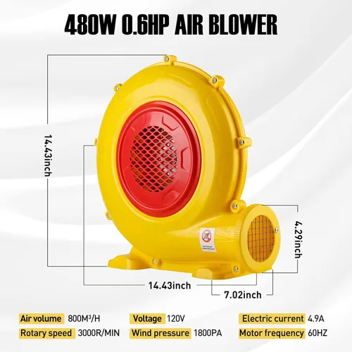 Miniatura 5 de WARSUN Soplador de aire para inflables 480W 0.6HP soplador de aire portátil para casa de rebote, arco, toboganes de salto, ventilador de bomba