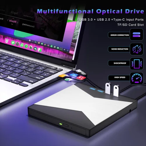 Miniatura 3 de Wbacon Unidad externa de CD/DVD para portátil, reproductor de DVD para portátil, grabadora de CD ultrafina 8 en 1 con 4 puertos USB y 2 ranuras