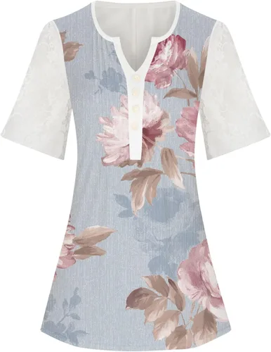 Miniatura 3 de Camisas para mujer, a la moda, blusas de talla extragrande con estampado floral para mujer, cuello en V, manga corta, cómodas y elegantes