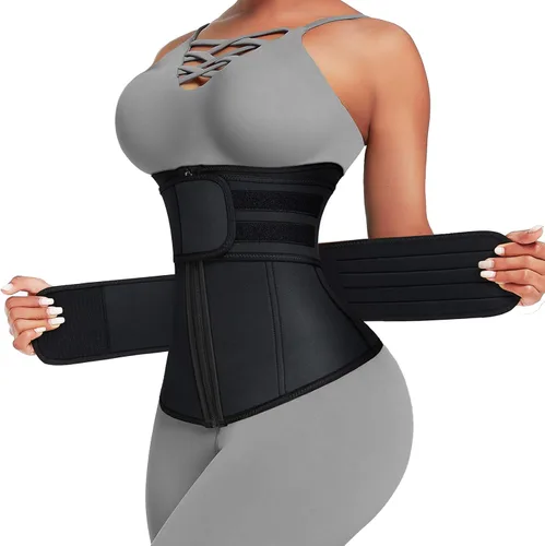 Entrenador de cintura para mujer, talla grande, 2 correas, 7 huesos, entrenamiento de sauna, corsé de neopreno para ejercicio, color negro, talla S