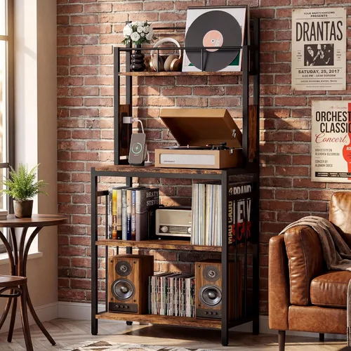 Miniatura 7 de IRONCK Soporte para tocadiscos, almacenamiento de discos de vinilo de 2 niveles, mesa grande para tocadiscos con estación de carga, soporte