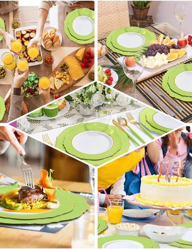 Miniatura 5 de WDF 150 platos verdes desechables, platos barrocos verdes y dorados, vajilla de plástico para 25 invitados, ideal para fiestas, primavera, picnic