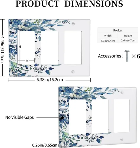 Miniatura 5 de Cubiertas de Salida Triple Basculante con Hojas de Plantas de Eucalipto Azul en Acuarela Floral, Placa Frontal Decorativa de 3 Posiciones, Cubierta