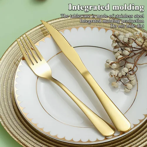 Miniatura 4 de Evanda Juego de cuchillos dorados para carne, 12 piezas, acero inoxidable chapado en titanio dorado, 6 tenedores y 6 cuchillos de cena, cuchillos
