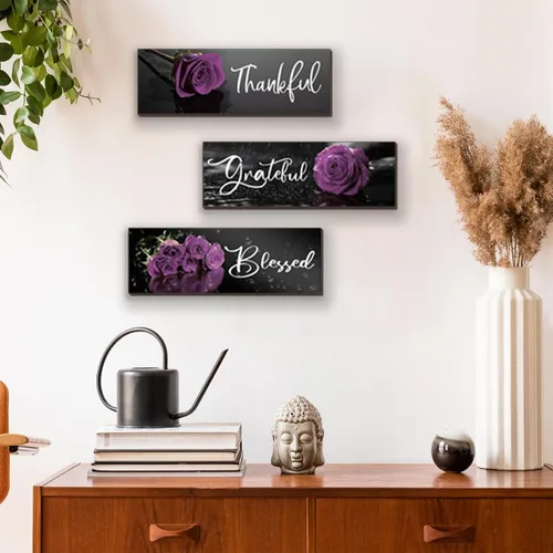 Miniatura 5 de ZINYAZHE 3 piezas de decoración de baño morada, arte de pared con diseño de rosas inspiradoras, letrero de cocina morado y negro, decoración