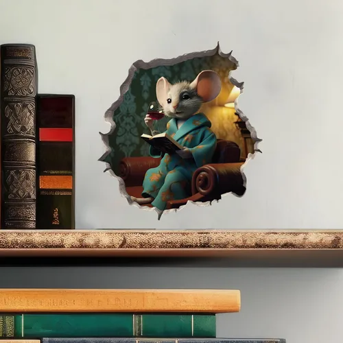 Miniatura 2 de Calcomanía de pared 3D con agujero de ratón con diseño de vino y libro mí